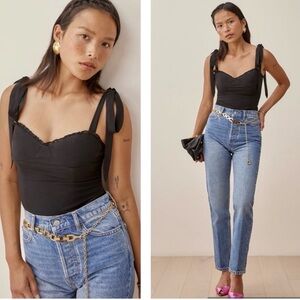 Reformation Black Blanca Tie Sleeve Sleeveless Smocked Corset Crop Top
